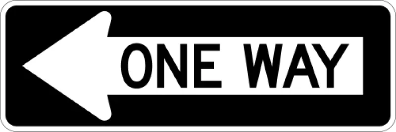 Black horizontal sign with a white left-pointing arrow and the words ONE WAY.