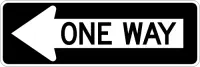 Black horizontal sign with a white left-pointing arrow and the words ONE WAY.