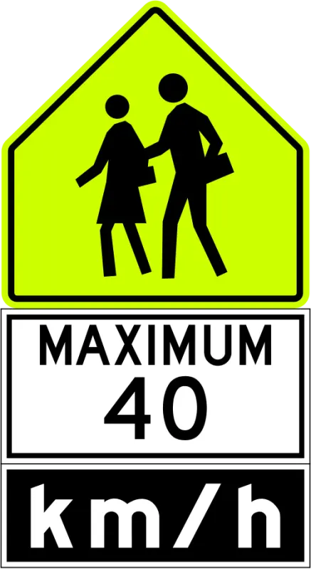 Fluorescent yellow-green sign with two walking figures above a panel reading MAXIMUM 40 km/h.