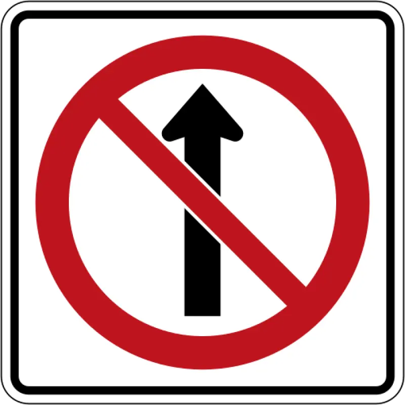 White square sign with a red circle and slash over a black upward arrow.