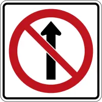White square sign with a red circle and slash over a black upward arrow.