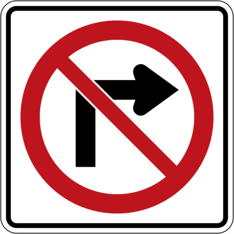 White square sign with a red circle and slash over a black arrow curving to the right.
