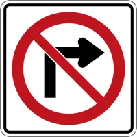 White square sign with a red circle and slash over a black arrow curving to the right.