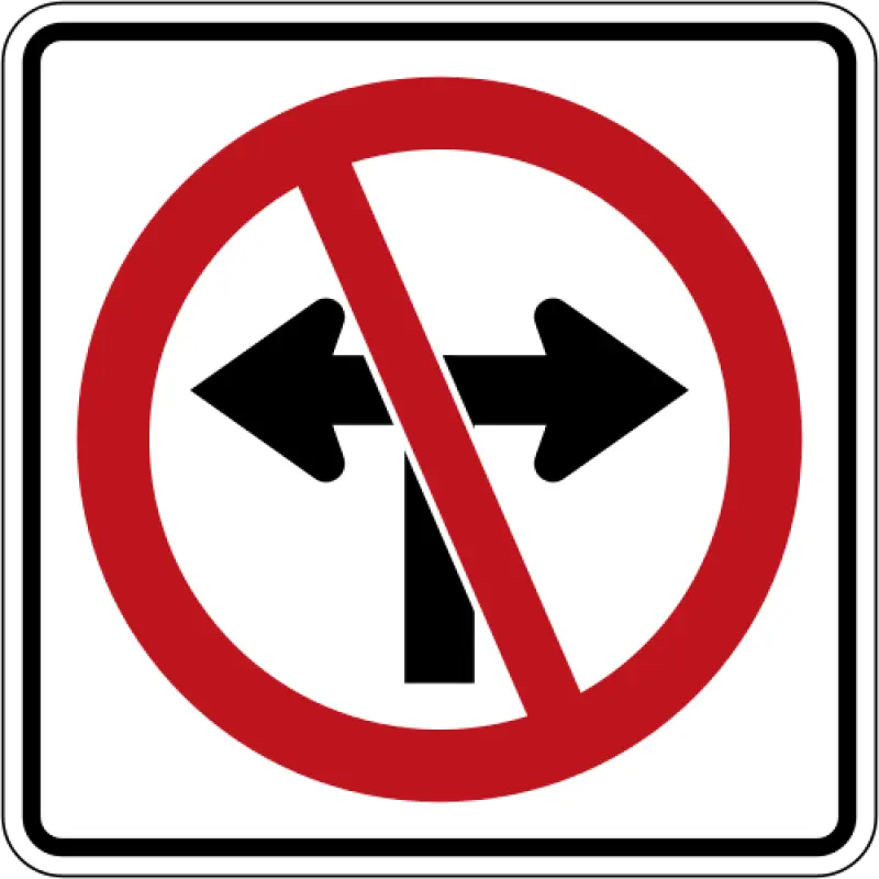 White square sign with a red circle and slash over black arrows pointing left and right.