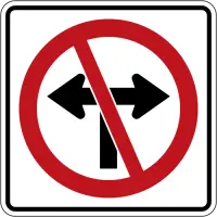 White square sign with a red circle and slash over black arrows pointing left and right.