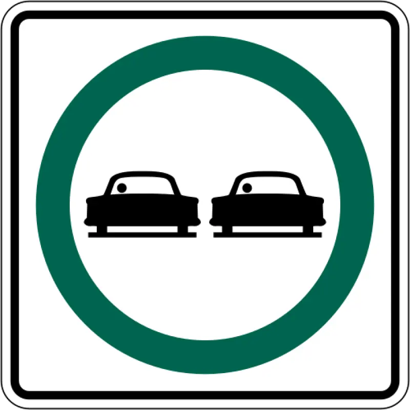 White square sign with a green circle around two black cars, one beside the other.