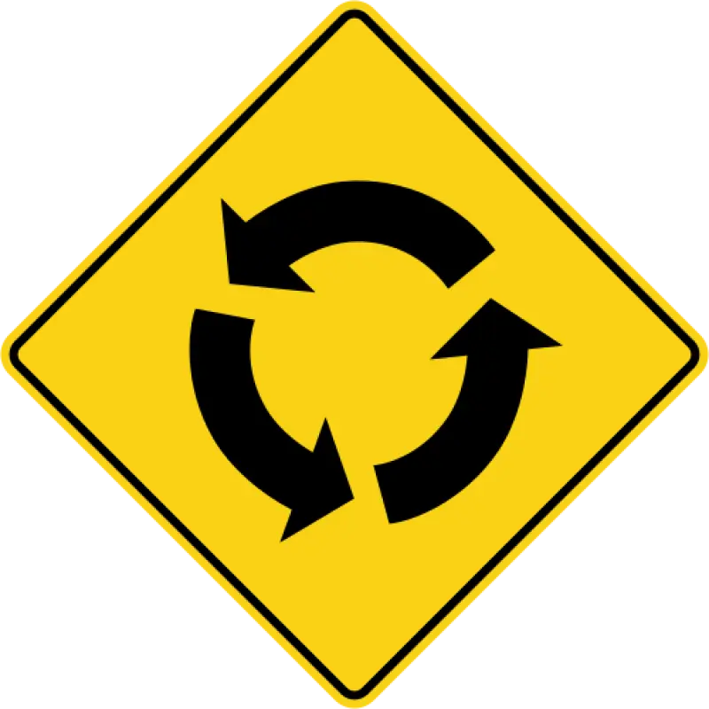 Yellow diamond warning sign with three black curved arrows arranged in a circle.