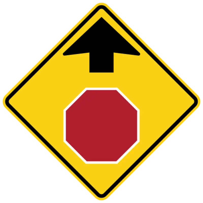Yellow diamond warning sign with an upward arrow above a red stop-sign symbol.