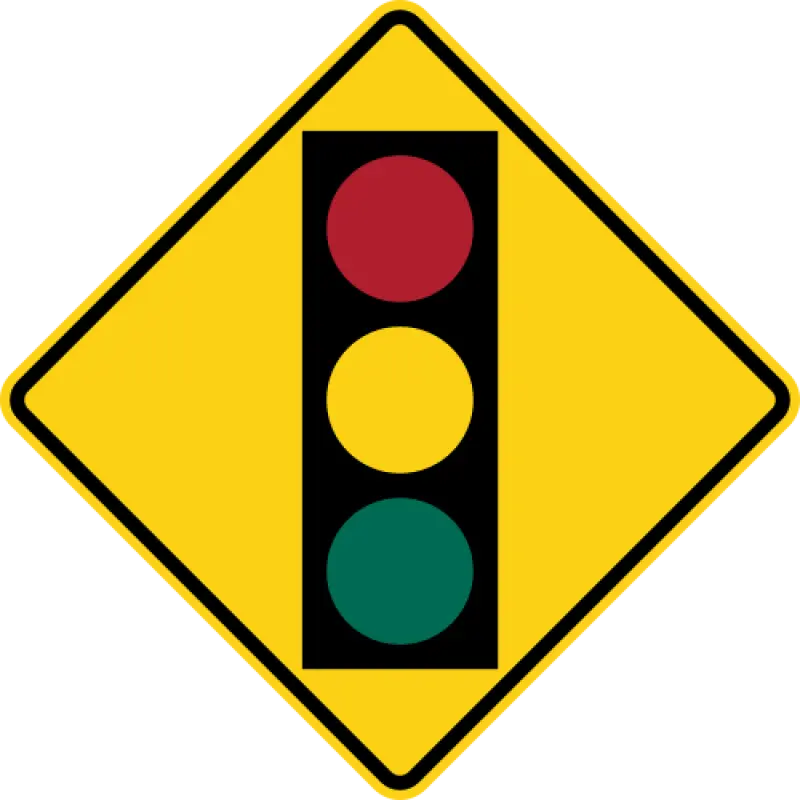 Yellow diamond warning sign showing a traffic light with red, yellow and green lights.