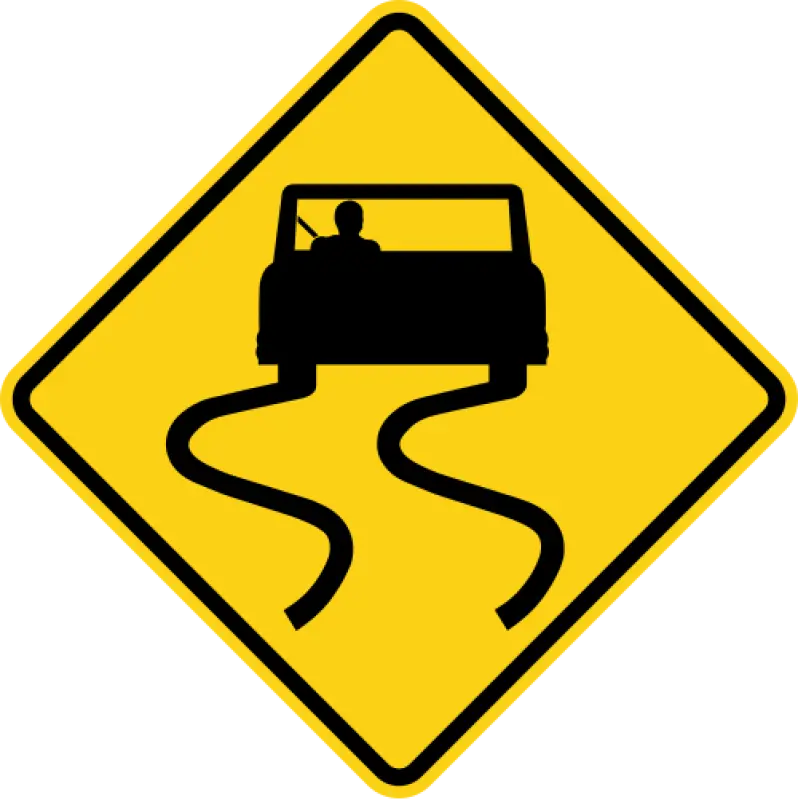 Yellow diamond warning sign showing a car with wavy skid lines behind its wheels.