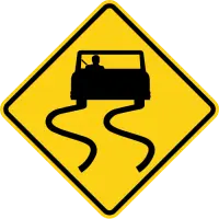 Yellow diamond warning sign showing a car with wavy skid lines behind its wheels.
