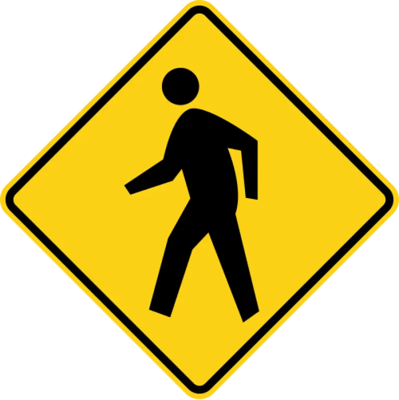 Yellow diamond warning sign showing a person walking.