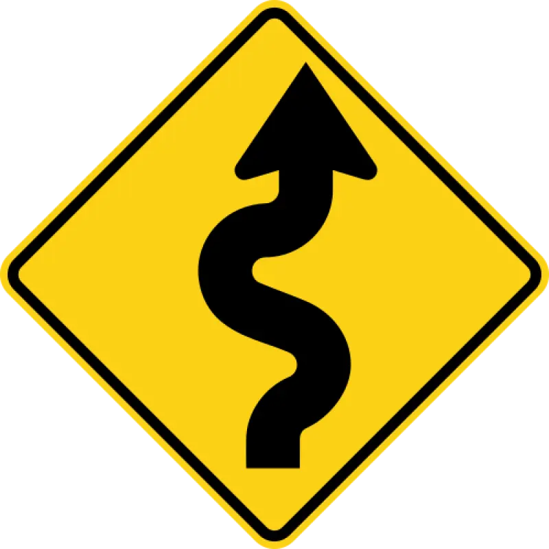Yellow diamond warning sign with an arrow that bends back and forth several times.