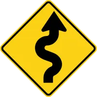 Yellow diamond warning sign with an arrow that bends back and forth several times.