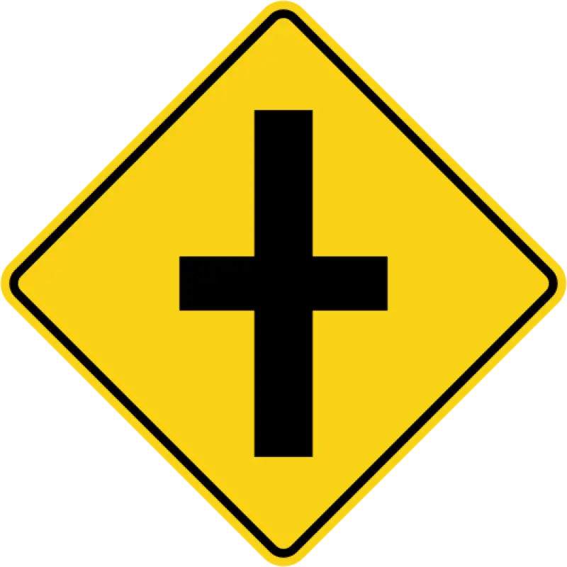 Yellow diamond sign with a black symbol of two roads crossing in a plus shape.