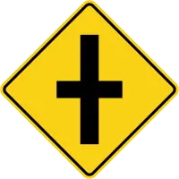 Yellow diamond sign with a black symbol of two roads crossing in a plus shape.