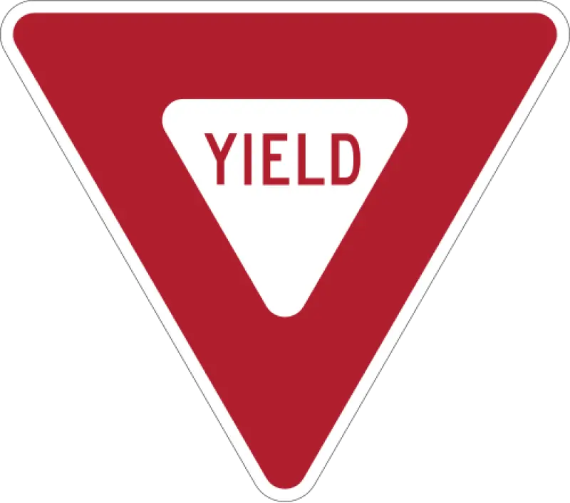 Downward-pointing triangle with a red border and white centre reading YIELD.