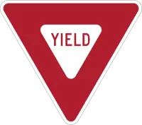 Downward-pointing triangle with a red border and white centre reading YIELD.