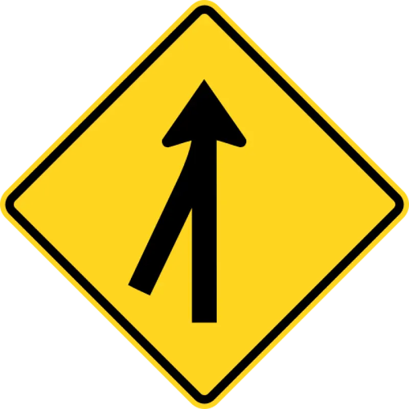 Yellow diamond sign with a black line joining a second line from the right into one.