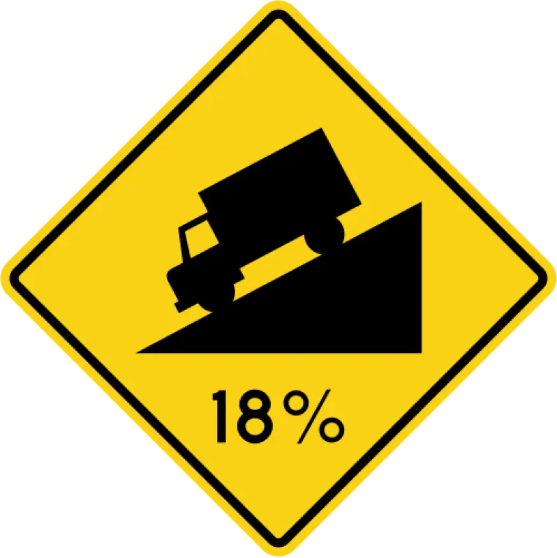 Yellow diamond sign showing a black truck on a steep downward slope, marked 18%.
