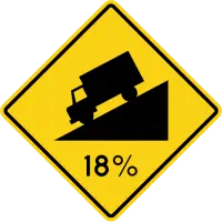 Yellow diamond sign showing a black truck on a steep downward slope, marked 18%.