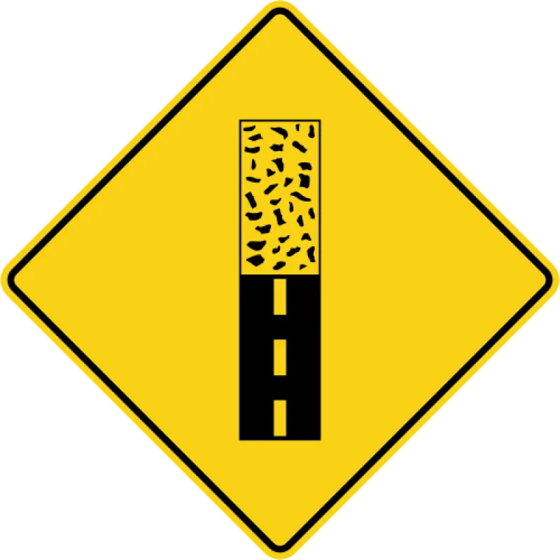 Yellow diamond sign with a smooth black band changing to a speckled, rough-textured band.