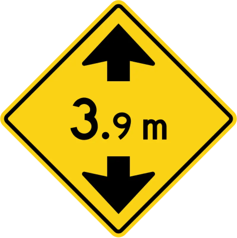 Yellow diamond sign with black arrows pointing toward each other above and below the figure 3.9 m.