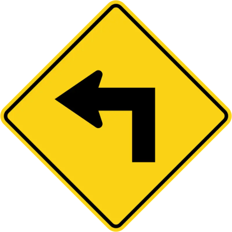 Yellow diamond sign with a black arrow making a sharp right-angle bend to the left.
