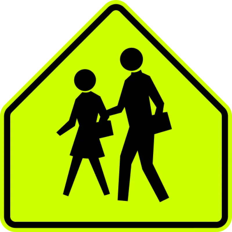 Five-sided fluorescent yellow-green sign showing two children walking.
