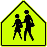 Five-sided fluorescent yellow-green sign showing two children walking.