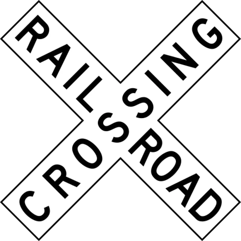 Black-and-white X-shaped crossbuck sign with the words RAILROAD CROSSING.