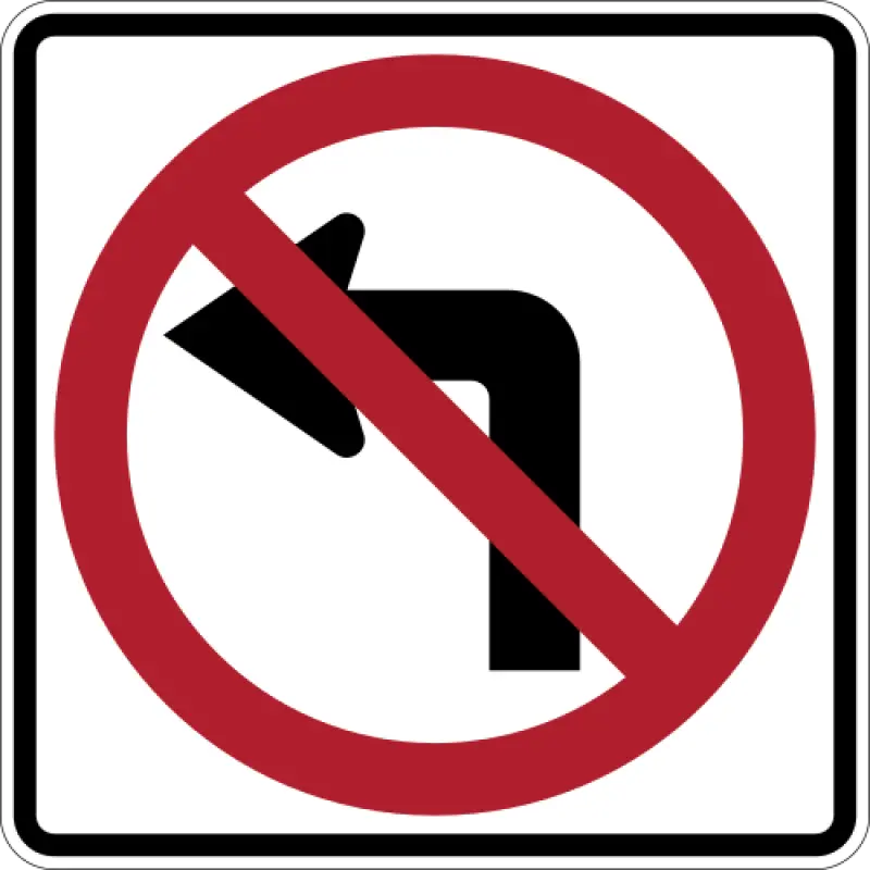 White square sign with a left-turn arrow inside a red circle with a diagonal slash.