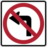 White square sign with a left-turn arrow inside a red circle with a diagonal slash.