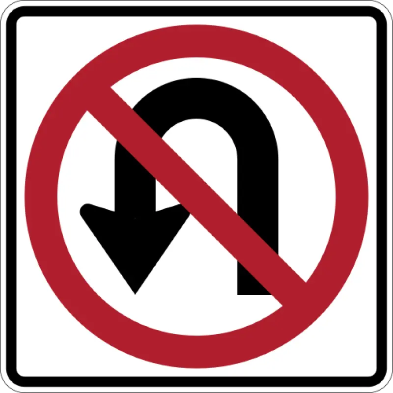 White square sign with a U-shaped turn arrow inside a red circle with a diagonal slash.