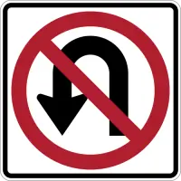 White square sign with a U-shaped turn arrow inside a red circle with a diagonal slash.