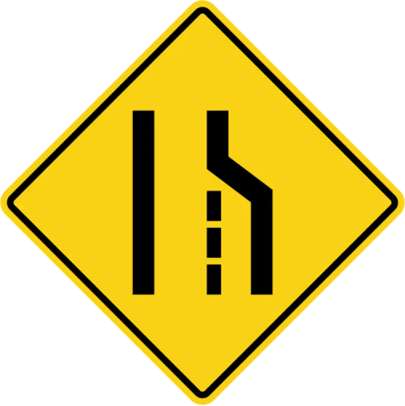 Yellow diamond sign with a solid black line on the left and a dashed black line beside a right-hand line that bends in and stops.