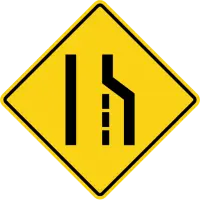 Yellow diamond sign with a solid black line on the left and a dashed black line beside a right-hand line that bends in and stops.